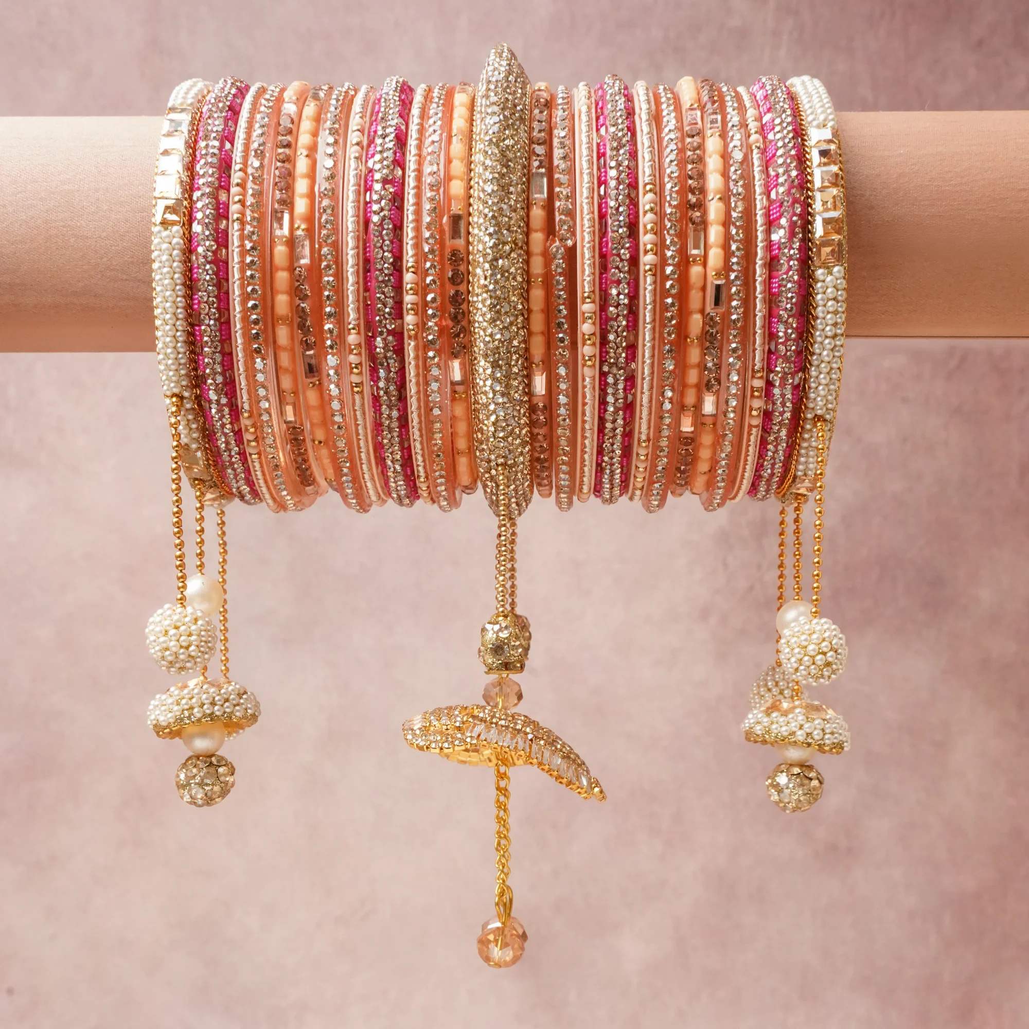 A commanding Peach anchors this beautiful set, enriched with accents of Gold, Silver, Pearl White that add depth and dimension.

Featuring a striking composition of Glass, Gold-toned Metal, Simulated Pearls, Cubic Zirconia, Rhinestones, this set carries intricate craftsmanship and strong presence. Grand in form, it is created for moments that deserve to be marked.